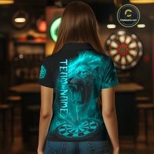 Load image into Gallery viewer, Personalized Turquoise Fire Flame Lion Darts Shirt For Women, Dart League Jersey Polo &amp; 1/4 Zip TDM4680