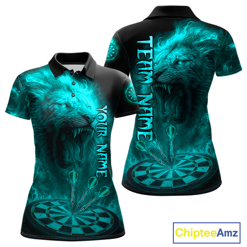 Personalized Turquoise Fire Flame Lion Darts Shirt For Women, Dart League Jersey Polo & 1/4 Zip TDM4680