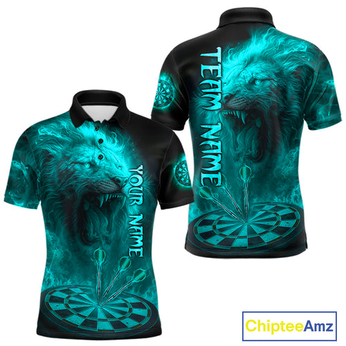 Personalized Turquoise Fire Flame Lion Darts Shirt For Men, Dart League Jersey Polo & 1/4 Zip TDM4680