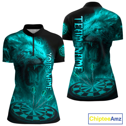 Personalized Turquoise Fire Flame Lion Darts Shirt For Women, Dart League Jersey Polo & 1/4 Zip TDM4680