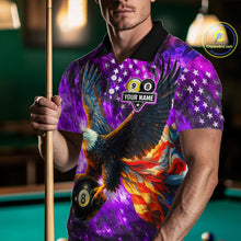 Load image into Gallery viewer, Personalized Purple Flaming US Flag 8 Ball &amp; 9 Ball Eagle Billiard Shirt For Men, Pool Team Jersey TDM4436