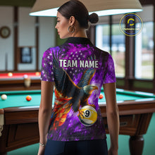 Load image into Gallery viewer, Personalized Purple Flaming US Flag 8 Ball &amp; 9 Ball Eagle Billiard Shirt For Women, Pool Team Jersey TDM4436