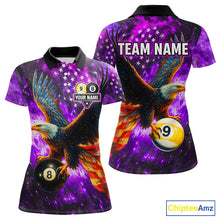 Load image into Gallery viewer, Personalized Purple Flaming US Flag 8 Ball &amp; 9 Ball Eagle Billiard Shirt For Women, Pool Team Jersey TDM4436