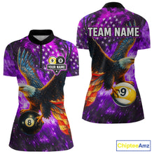 Load image into Gallery viewer, Personalized Purple Flaming US Flag 8 Ball &amp; 9 Ball Eagle Billiard Shirt For Women, Pool Team Jersey TDM4436