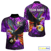 Load image into Gallery viewer, Personalized Purple Flaming US Flag 8 Ball &amp; 9 Ball Eagle Billiard Shirt For Men, Pool Team Jersey TDM4436