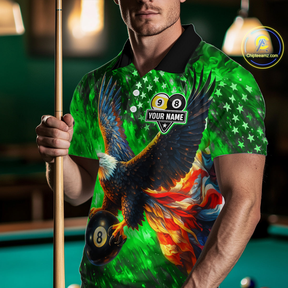 Personalized Green Flaming US Flag 8 Ball & 9 Ball Eagle Billiard Shirt For Men, Pool Team Jersey TDM4437
