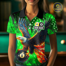 Load image into Gallery viewer, Personalized Green Flaming US Flag 8 Ball &amp; 9 Ball Eagle Billiard Shirt For Women, Pool Team Jersey TDM4437