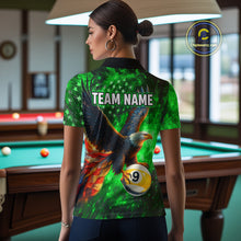 Load image into Gallery viewer, Personalized Green Flaming US Flag 8 Ball &amp; 9 Ball Eagle Billiard Shirt For Women, Pool Team Jersey TDM4437