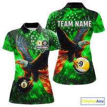 Load image into Gallery viewer, Personalized Green Flaming US Flag 8 Ball &amp; 9 Ball Eagle Billiard Shirt For Women, Pool Team Jersey TDM4437