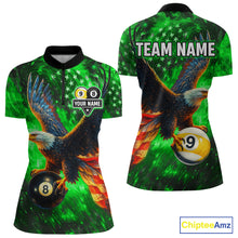 Load image into Gallery viewer, Personalized Green Flaming US Flag 8 Ball &amp; 9 Ball Eagle Billiard Shirt For Women, Pool Team Jersey TDM4437