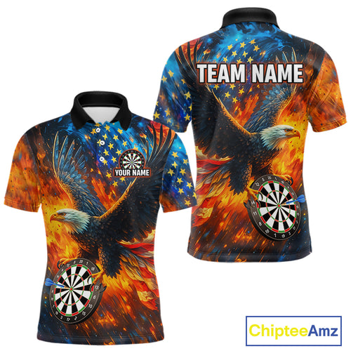 Personalized Orange Flaming US Flag Eagle Darts Shirt For Men, Patriotic Darts Team Jerseys TDM4438