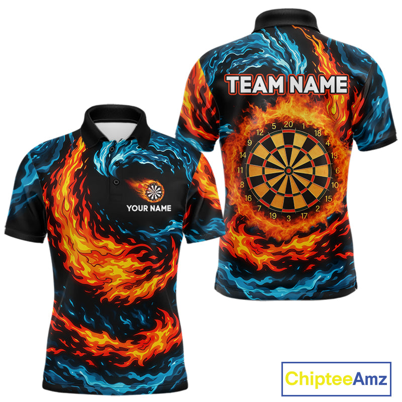 Personalized Blue And Orange Flame Darts Shirt For Men | Custom Storm Fire Team Darts Jersey TDM4274