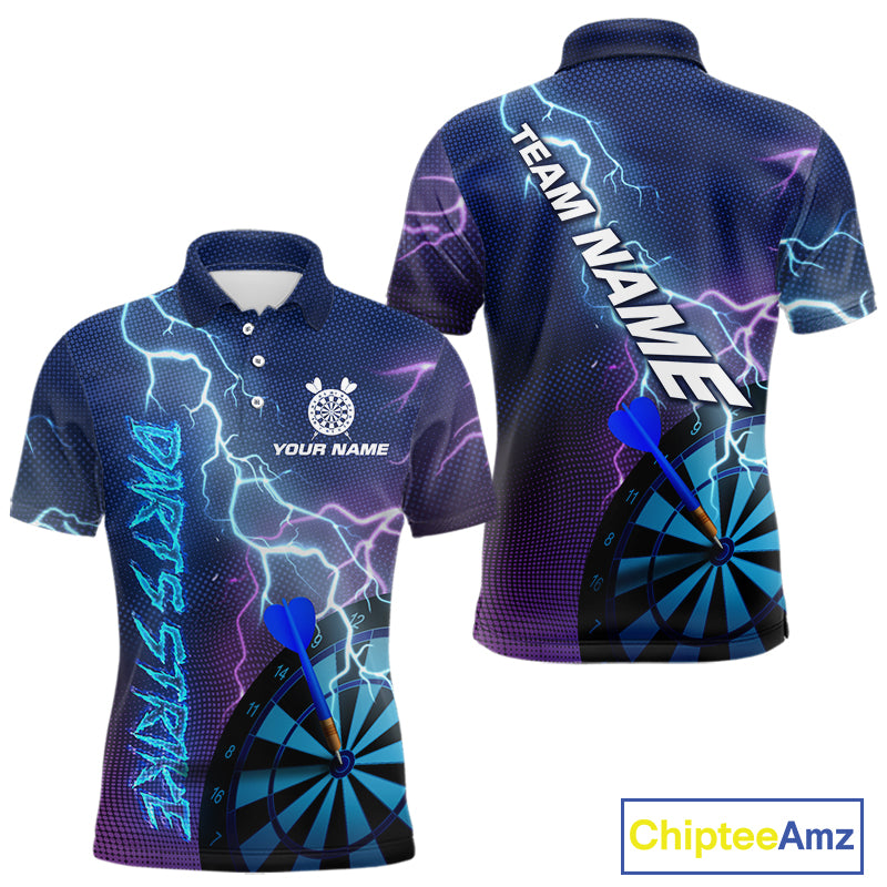 Custom Purple Blue Lightning Strike Dart Shirts For Men, Darts Team Jersey Polo & 1/4 Zip Outfit TDM4140