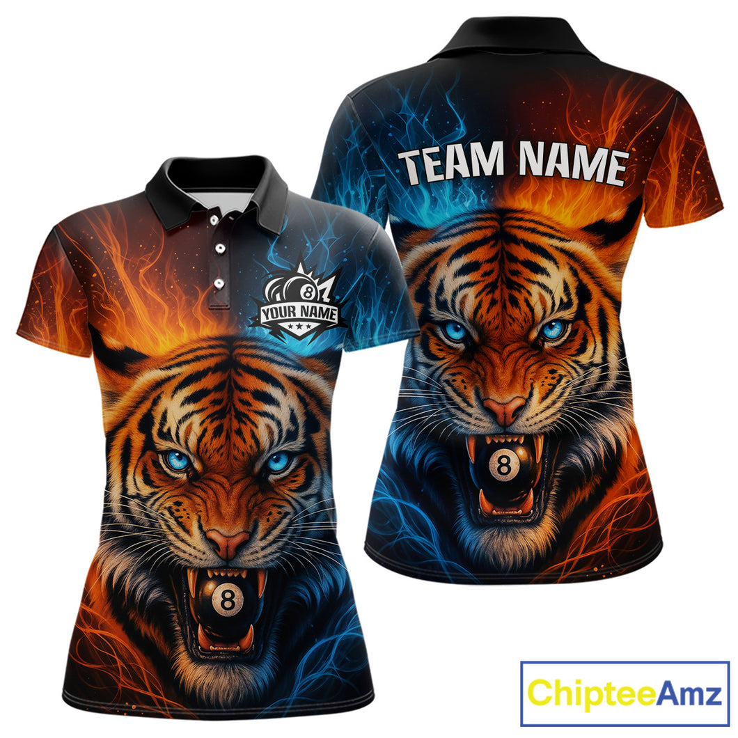 Blue And Orange 8 Ball Pool Tiger Fire Billiard Shirt For Women Custom Billiard Team Jersey Outfit TDM4543