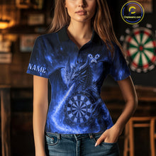 Load image into Gallery viewer, Blue Flaming Dragon Darts Jersey For Women Custom Polo &amp; Quarter Zip Darts League Team Shirt TDM4557