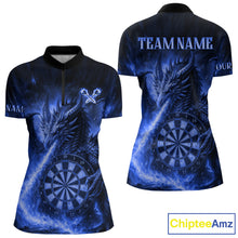 Load image into Gallery viewer, Blue Flaming Dragon Darts Jersey For Women Custom Polo &amp; Quarter Zip Darts League Team Shirt TDM4557