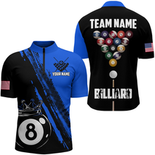 Load image into Gallery viewer, Personalized 8 Ball Pool Crown Billiard Jerseys Polo &amp; 1/4 Zip For Men, Billiard Team Shirts| Blue TDM2992