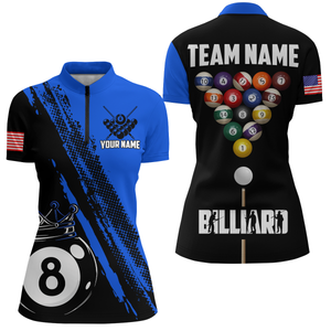 Personalized 8 Ball Pool Crown Billiard Jerseys Polo & 1/4 Zip For Women, Billiard Team Shirts| Blue TDM2992