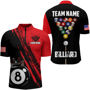 Personalized 8 Ball Pool Crown Billiard Jerseys Polo & 1/4 Zip For Men, Billiard Team Shirts| Red TDM2990