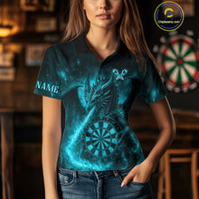 Load image into Gallery viewer, Turquoise Flaming Dragon Darts Jersey For Women Custom Polo &amp; Quarter Zip Darts League Team Shirt TDM4587