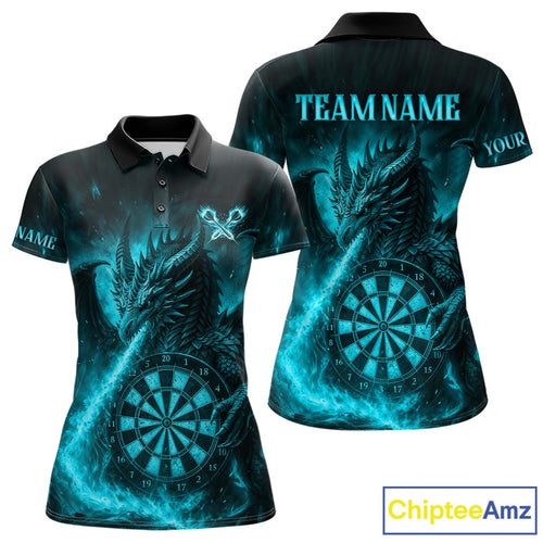 Turquoise Flaming Dragon Darts Jersey For Women Custom Polo & Quarter Zip Darts League Team Shirt TDM4587