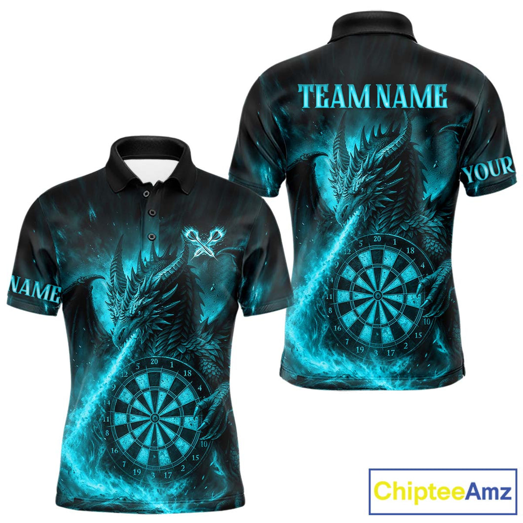 Turquoise Flaming Dragon Darts Jersey For Men Custom Polo & Quarter Zip Darts League Team Shirt TDM4587