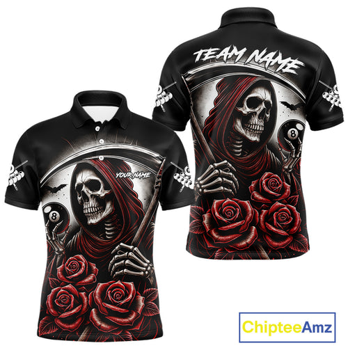 Death Skeleton 8 Ball Pool Roses Billiard Shirt For Men Custom Funny Pool Team Shirt Design |Red TDM4235