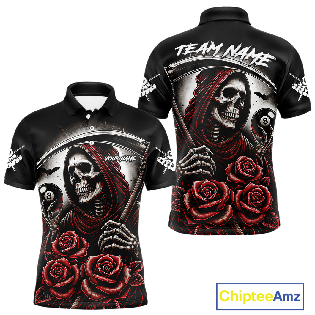 Death Skeleton 8 Ball Pool Roses Billiard Shirt For Men Custom Funny Pool Team Shirt Design |Red TDM4235