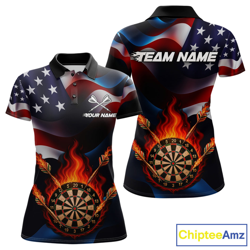 Personalized Flaming Dartboard American Flag Darts Shirt For Women Custom Patriotic Dart Team Jersey TDM4682