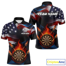 Load image into Gallery viewer, Personalized Flaming Dartboard American Flag Darts Shirt For Men Custom Patriotic Dart Team Jersey TDM4682