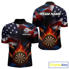 Load image into Gallery viewer, Personalized Flaming Dartboard American Flag Darts Shirt For Men Custom Patriotic Dart Team Jersey TDM4682