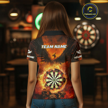Personalized Orange Flaming Phoenix Darts Shirt For Women, Darts League Jersey Team Polo & 1/4 Zip TDM4490