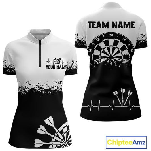 Personalized White Black Heartbeat Darts Shirt For Women Custom Grunge Darts Jersey Polo & 1/4 Zip TDM4530