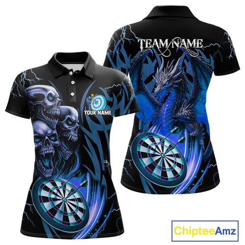 Personalized Skull & Dragon Darts Shirt For Women Custom Lightning Dartboard Team Jersey |Blue TDM4536