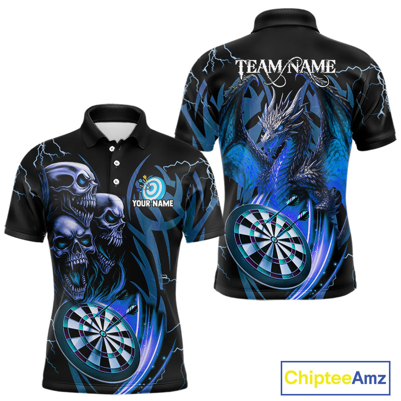 Personalized Skull & Dragon Darts Shirt For Men Custom Lightning Dartboard Team Jersey |Blue TDM4536