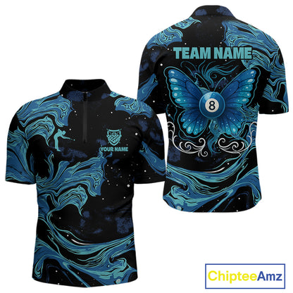 Custom Teal Blue Marble Billiard Shirt For Men, 8 Ball Butterfly Pool Team Jersey Polo & 1/4 Zip TDM4776