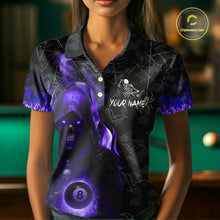 Load image into Gallery viewer, Customized Purple Flame Grim Reaper 8 Ball Pool Billiard Shirt For Women, Halloween Billiard Outfit TDM4790