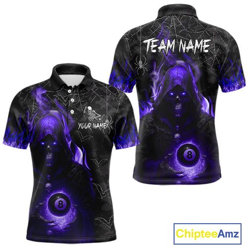 Customized Purple Flame Grim Reaper 8 Ball Pool Billiard Shirt For Men, Halloween Billiard Outfit TDM4790