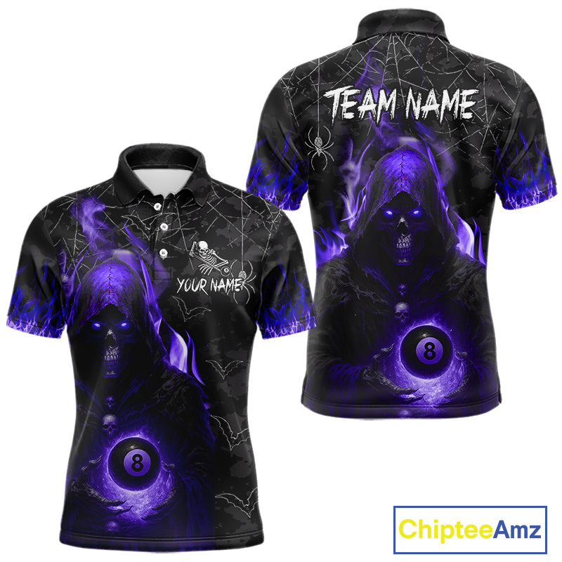 Customized Purple Flame Grim Reaper 8 Ball Pool Billiard Shirt For Men, Halloween Billiard Outfit TDM4790