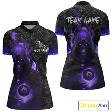 Load image into Gallery viewer, Customized Purple Flame Grim Reaper 8 Ball Pool Billiard Shirt For Women, Halloween Billiard Outfit TDM4790
