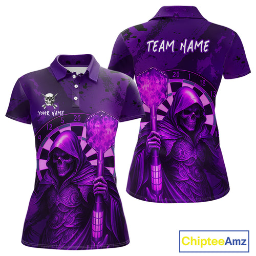 Personalized Purple Grunge Grim Reaper Darts Shirt For Women Custom 3D Darts Jersey Polo & 1/4 Zip TDM4742