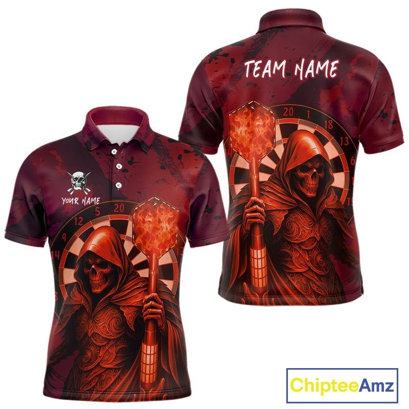 Personalized Red Grunge Grim Reaper Darts Shirt For Men Custom 3D Dart Team Jersey Polo & 1/4 Zip TDM4744