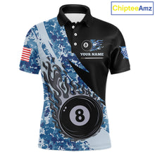 Load image into Gallery viewer, Personalized flame 8 ball pool military blue camo billiard team jersey polo shirt for men, custom pool league apparel and tournament jersey with military camouflage design.