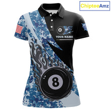 Load image into Gallery viewer, Personalized flame 8 ball pool military blue camo billiard team jersey polo shirt for women, custom pool league apparel and tournament jersey with military camouflage design.