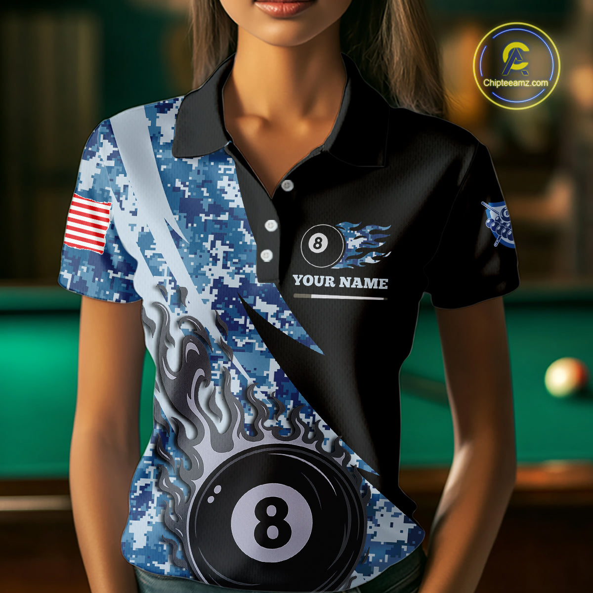 Woman wearing personalized flame 8 ball pool military blue camo billiard polo shirt front view.