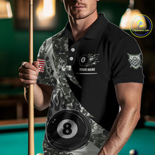 Load image into Gallery viewer, Man wearing personalized flame 8 ball pool military grey camo billiard polo shirt front view.
