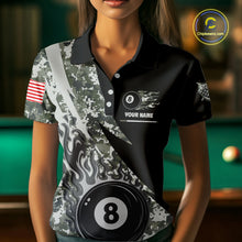 Load image into Gallery viewer, Woman wearing personalized flame 8 ball pool military grey camo billiard polo shirt front view.