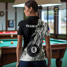 Load image into Gallery viewer, Woman wearing personalized flame 8 ball pool military grey camo billiard polo shirt back view.