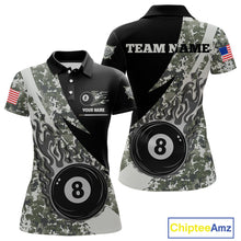 Load image into Gallery viewer, Personalized flame 8 ball pool military grey camo billiard team jersey polo shirt for women, custom pool league apparel and tournament jersey with military camouflage design.