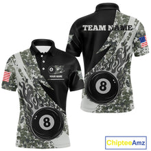 Load image into Gallery viewer, Personalized flame 8 ball pool military grey camo billiard team jersey polo shirt for men, custom pool league apparel and tournament jersey with military camouflage design.